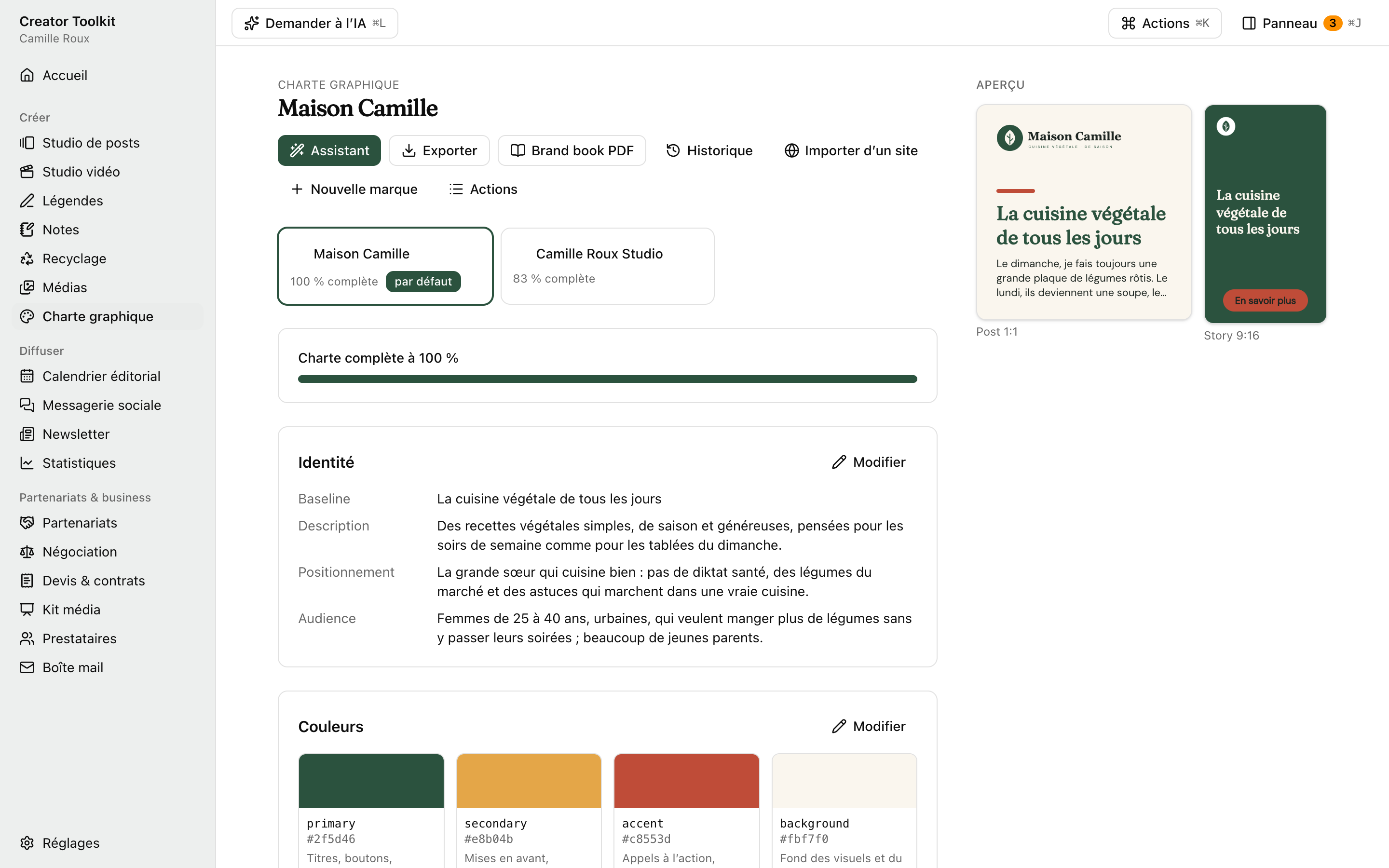 La charte graphique dans Creator Toolkit : palette, typographies, logos et ton de voix.