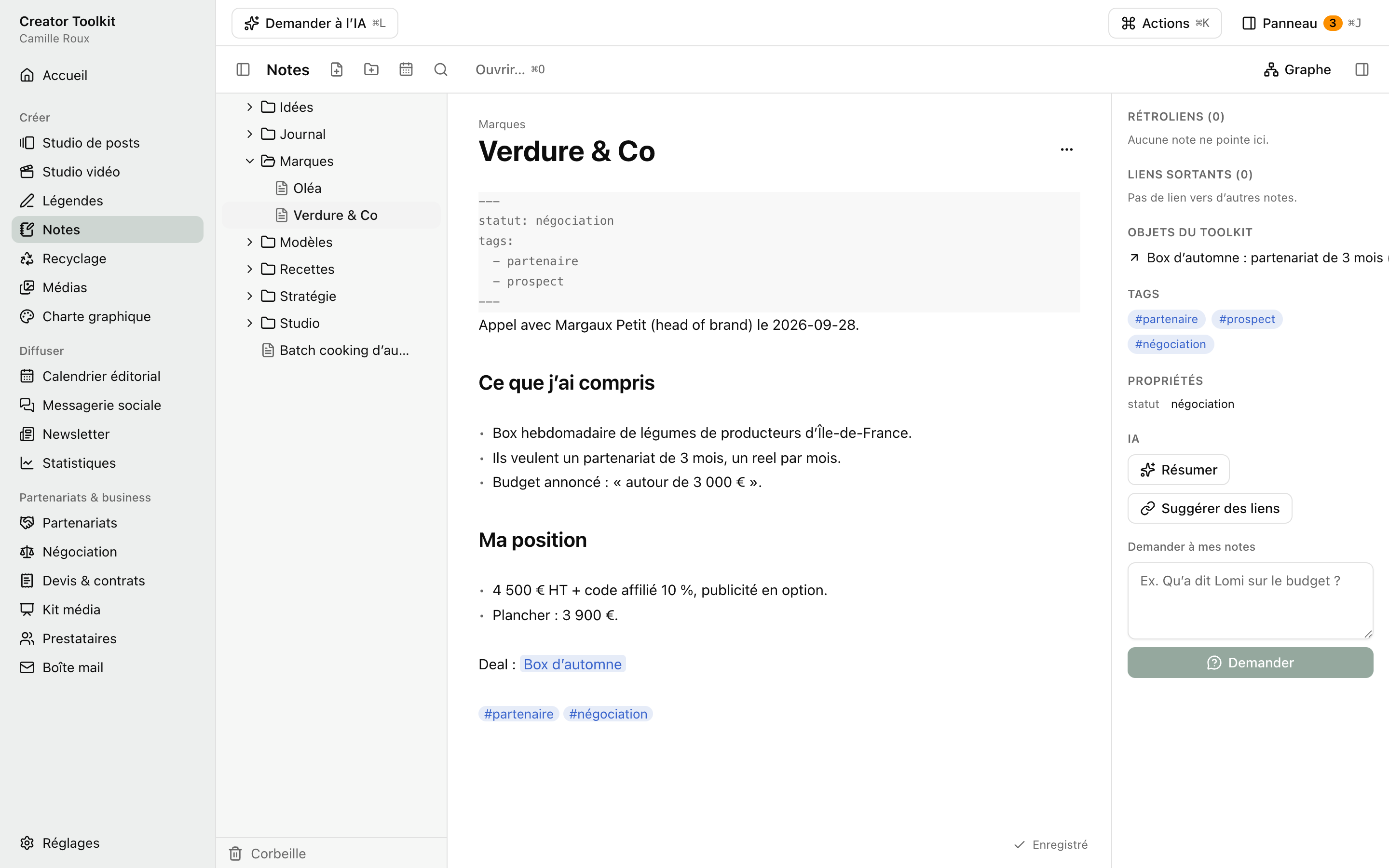 Les notes : un éditeur Markdown avec liens entre notes et graphe.
